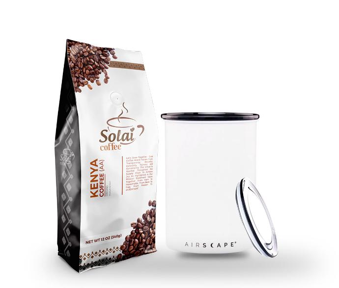 A pack of Kenya Specialty AA coffee with an Airscape Canister selling as a bundle. 