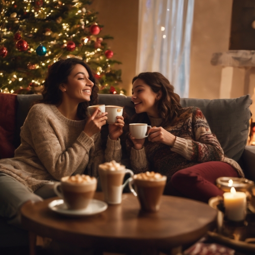 Savoring Peppermint Cookie Lattes Two friends, savoring Peppermint Cookie Lattes, engaged in conversation on a cozy Christmas Eve.