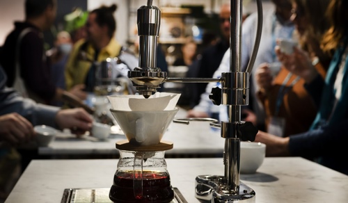 Modbar Pour-Over Stem on a countertop—a sleek, hands-free coffee brewing device crafting the perfect pour-over coffee with modern design and precision engineering.