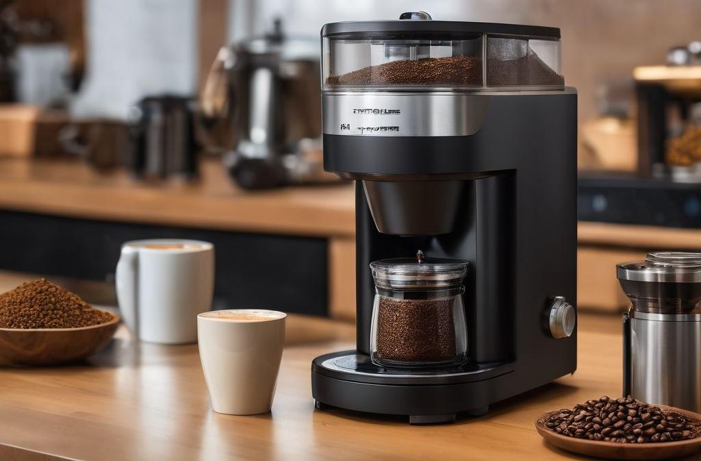 Electric coffee grinder at work on a countertop, freshly ground coffee nearby, and a cup of perfection ready to sip.