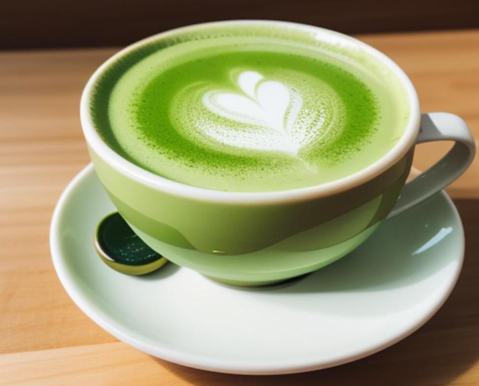 A creamy matcha latte served in a white ceramic cup, representing the popular coffee trend for 2024.