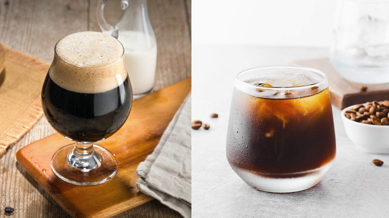 An image featuring two glasses side by side. One glass is filled with Fizzy Nitro Cold Brew, showcasing effervescent bubbles for a refreshing experience. Beside it, a glass of regular cold brew highlights the contrast in appearance and texture.