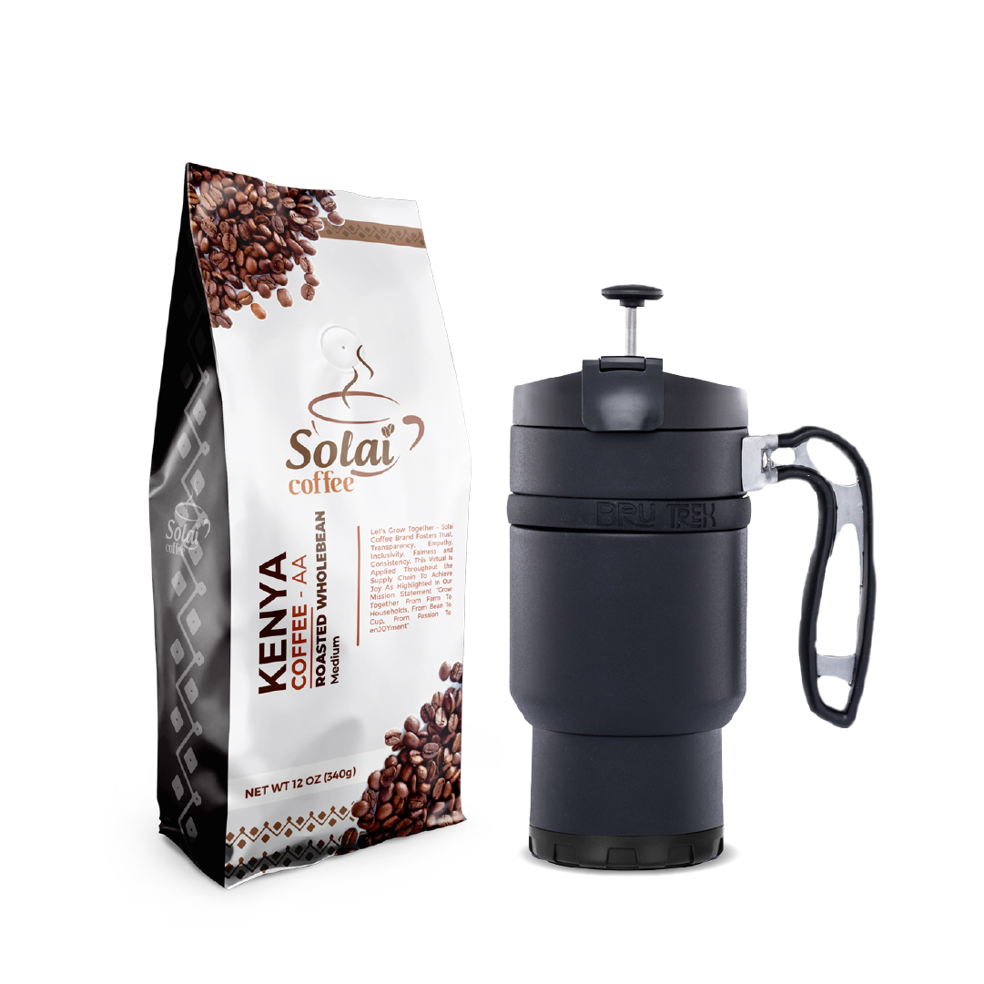 A pack of Solai coffee roasted whole, single-origin beans, with a camper's mug. Best combo for coffee lovers looking to enjoy freshly brewed coffee while traveling or adventuring outdoors