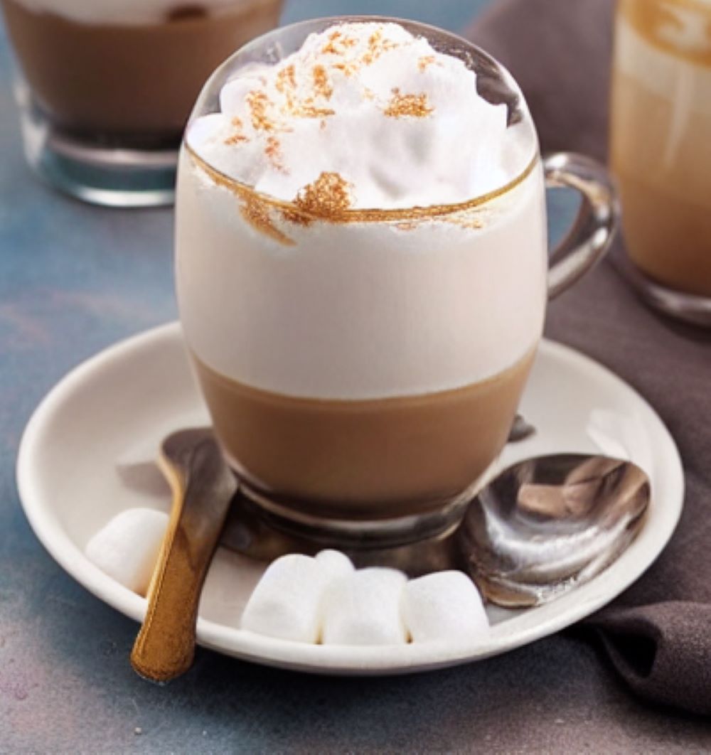A glass containing an Iced Easter Bunny Latte, topped with whipped cream and marshmallows