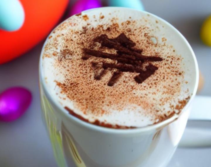 A white mug filled with an Easter Egg Latte, topped with  whipped cream and chocolate sprinkles