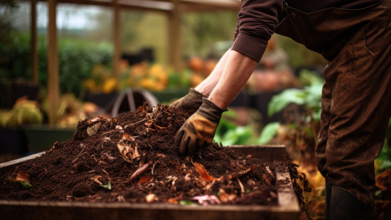 A man wearing yellow gloves and a brown outdoor apron mixes coffee grounds into a compost pit, enriching the soil with organic nutrients.