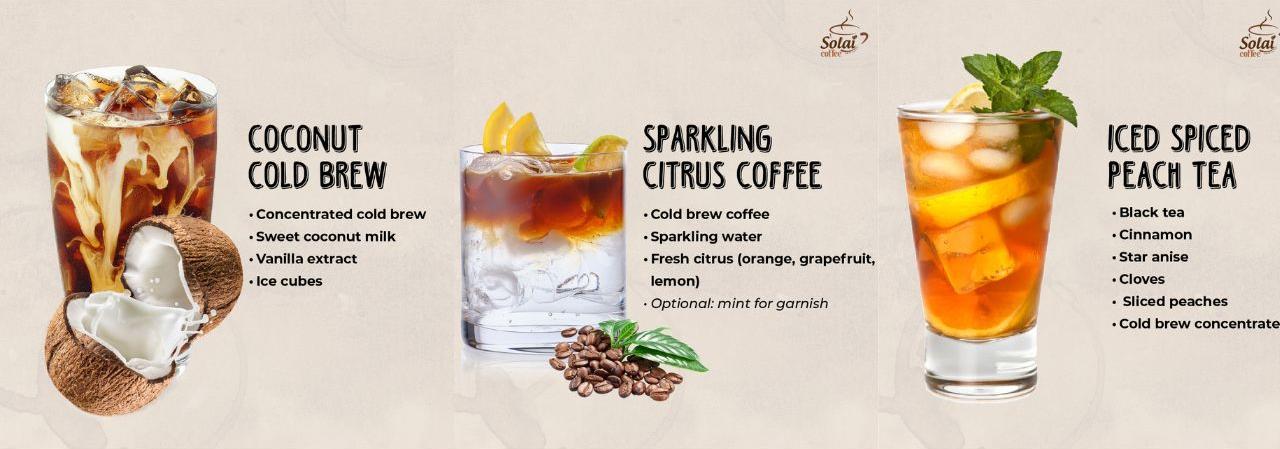 customized iced coffee drinks perfect for summer. Includes a refreshing coconut cold brew, a sparkling citrus iced coffee, and a delightful iced spiced peach tea, all served in stylish, summery glassware.
