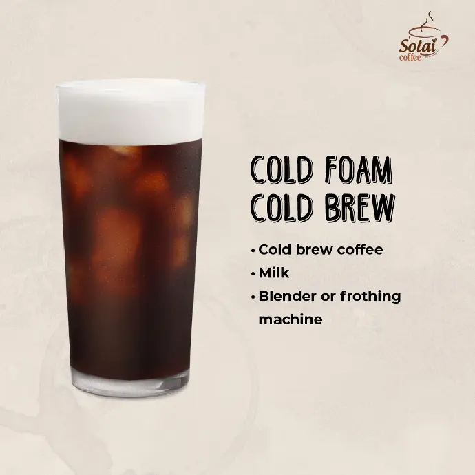 Cold Foam Cold Brew A glass of cold foam cold brew, with thick foam sitting on top of the dark, iced coffee.
