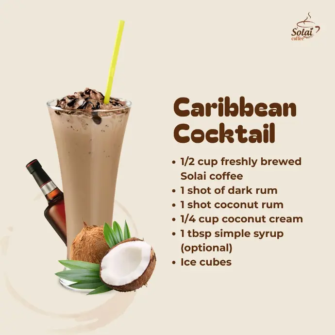 Caribbean Cocktail Coffee A tall glass of Caribbean cocktail coffee, featuring the recipe printed on the glass. Coconut and dark rum are placed beneath it for a tropical touch.