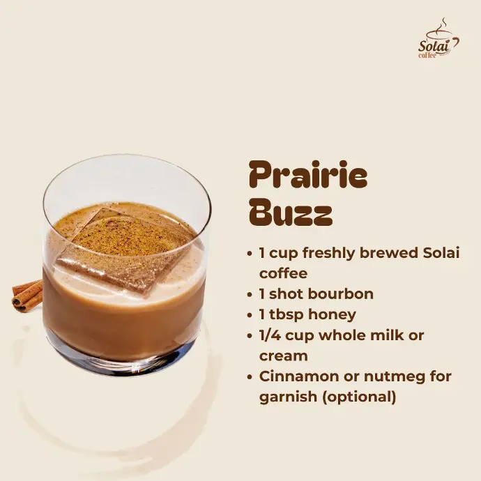Prairie Buzz A unique prairie buzz cocktail with coffee liqueur and bourbon served in a glass, garnished with cinnamon powder.