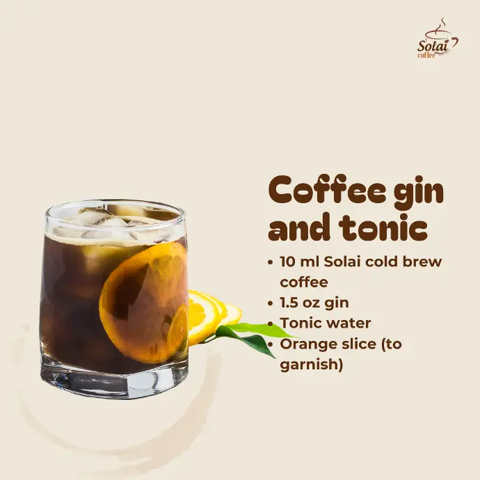 Coffee Gin and Tonic This sophisticated cocktail features coffee gin and tonic served in a clear glass with a lemon wedge garnish.