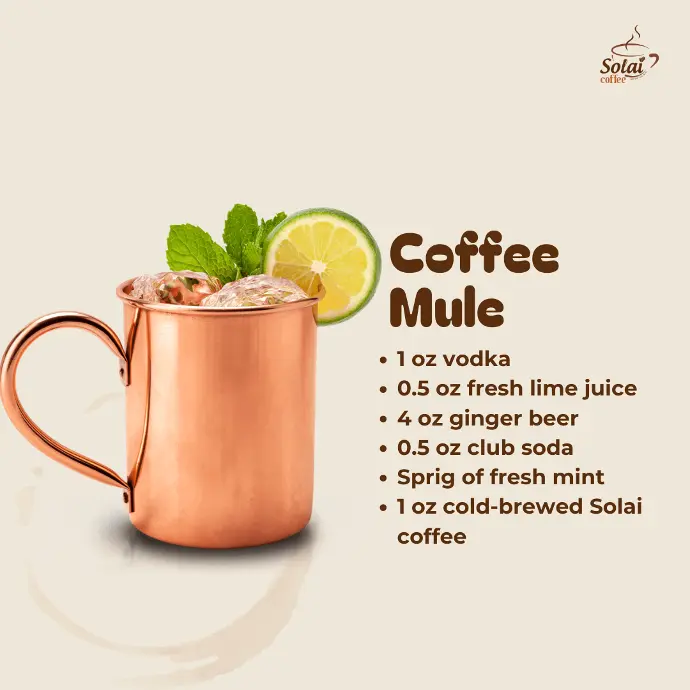 Coffee Mule A chilled coffee mule in a copper mug, topped with fresh mint and a slice of lime, with condensation forming on the sides.