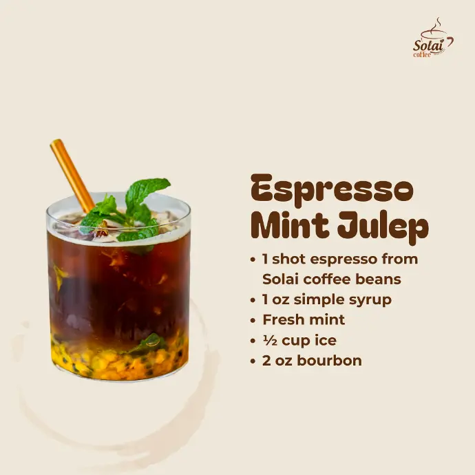 Espresso Mint Julep A refreshing espresso mint julep served in a glass, with fresh mint sprigs and mint leaves.