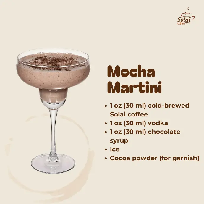 Mocha Martini A decadent mocha martini in a martini glass, with chocolate shavings on top and a rim dusted with cocoa powder.