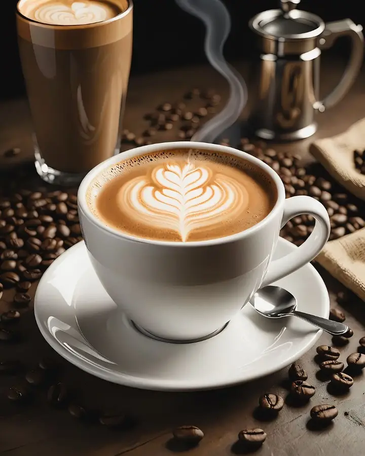 A steaming cappuccino in a white cup with heart-shaped latte art, surrounded by scattered coffee beans, with a milk frother and a tall Latte glass in the background