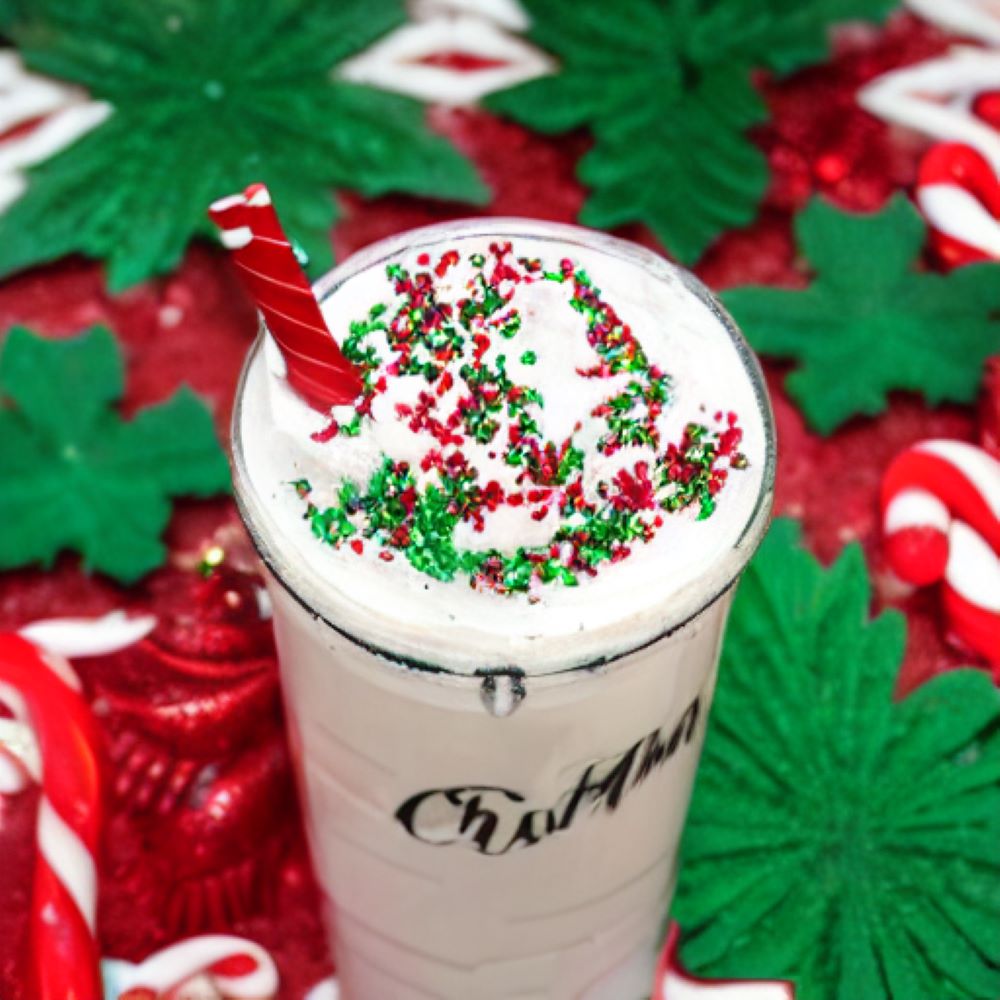 A frosty frappe in a clear glass, adorned with a swirl of whipped cream and festive red and green sprinkles, perfect for holiday celebrations.