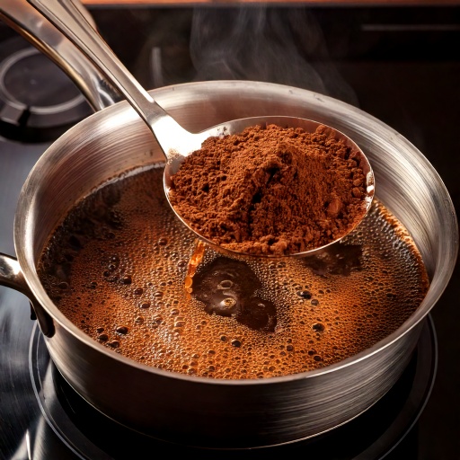 A close-up of coffee grounds being stirred into boiling water in a saucepan on a stovetop.