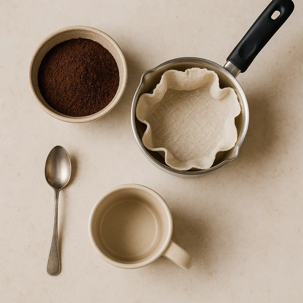 Essential tools for making coffee at home without a coffee maker, including a saucepan, ground coffee, spoon, mug, and strainer on a kitchen counter.