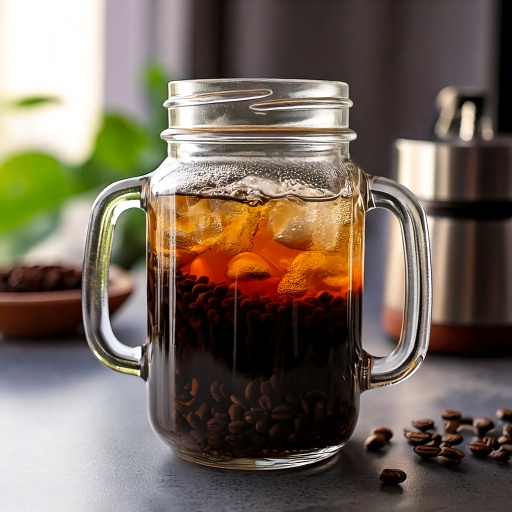 A mason jar filled with water and coffee grounds, sitting on a countertop, illustrating the cold brew steeping process.