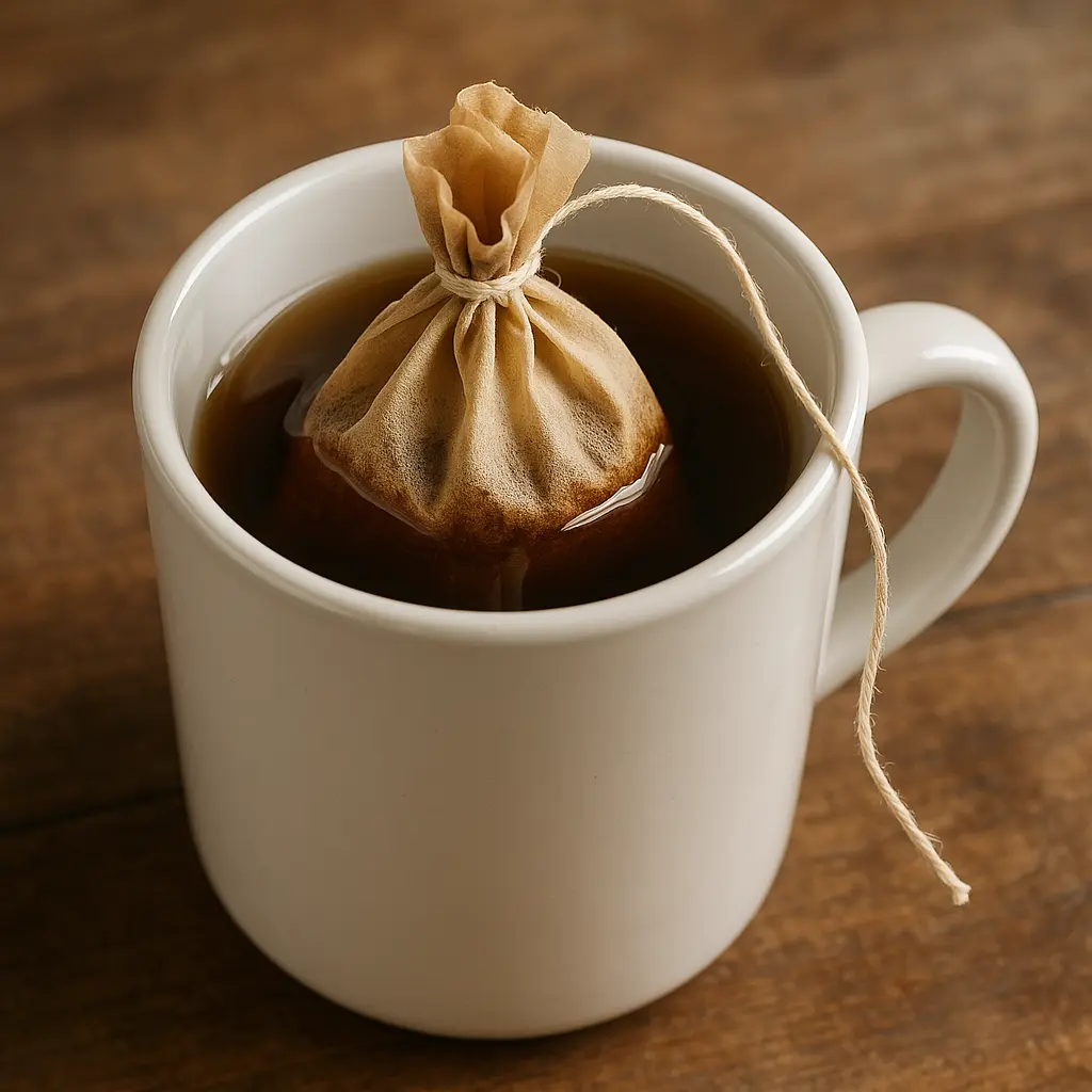  A DIY coffee bag made from a coffee filter and string, steeping in a mug of hot water.