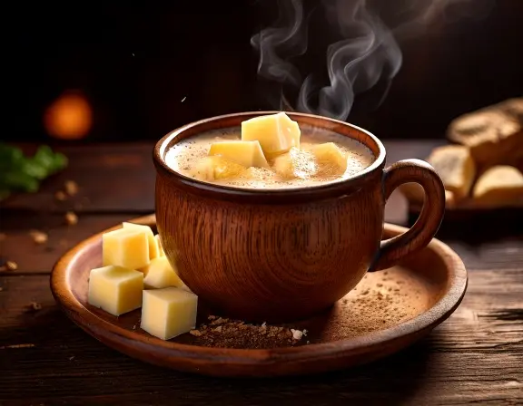 Juustoleipä cheese cubes soaking in a cup of hot Scandinavian black coffee.