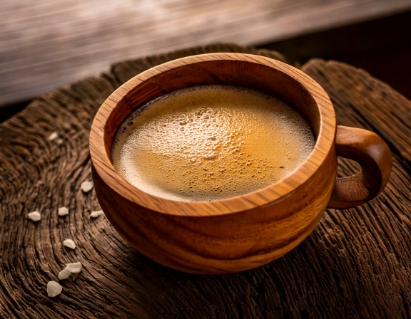 Rustic Kuksa cup filled with hot black coffee and Finnish bread cheese, also called Kaffeost.