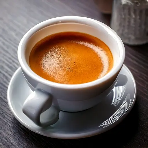Freshly brewed espresso-style coffee from a French press into a ceramic mug on a kitchen counter.