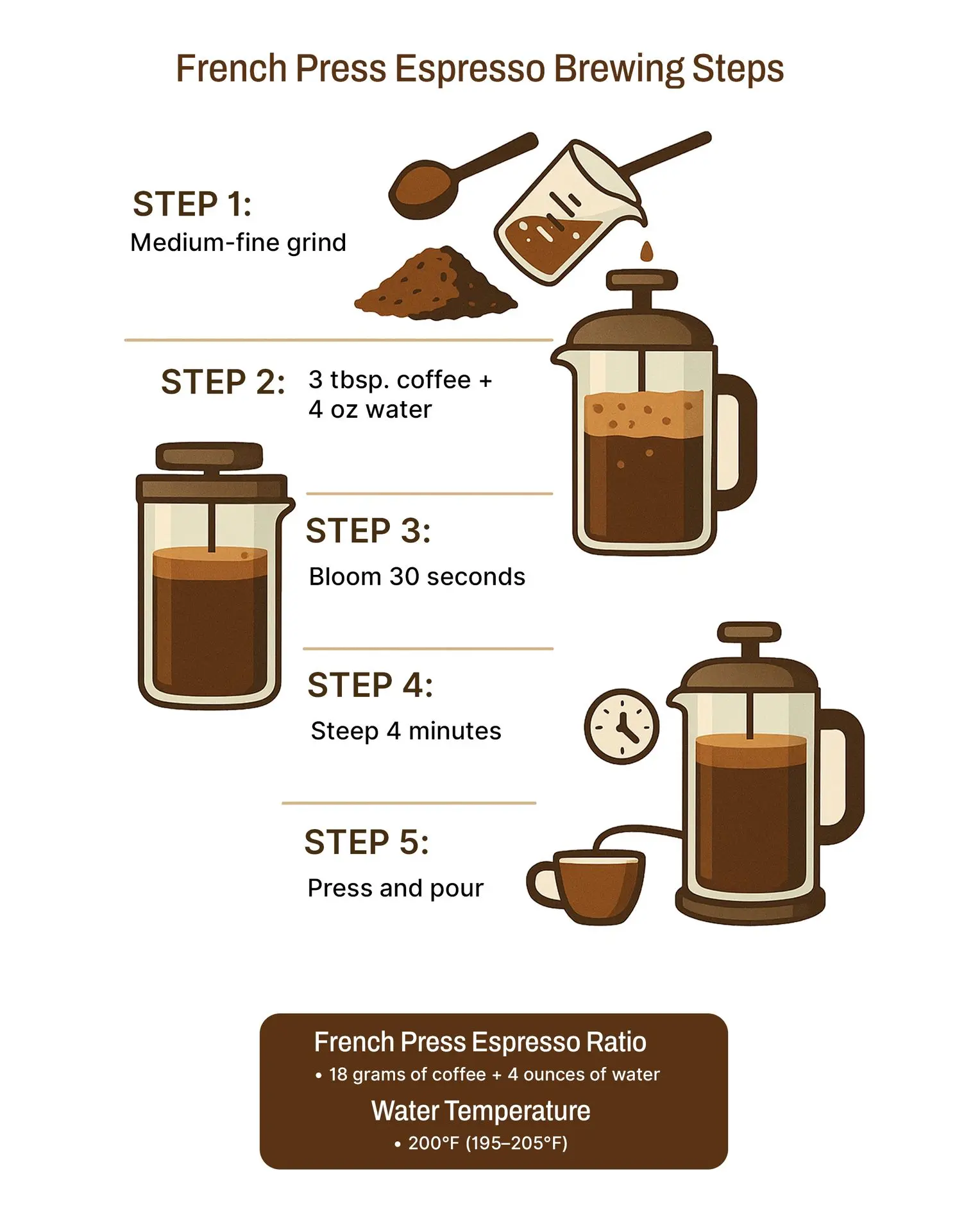 Step-by-Step Infographic This infographic provides step-by-step instructions for making espresso-style coffee using a French press, including grind size, steep time, and press technique.