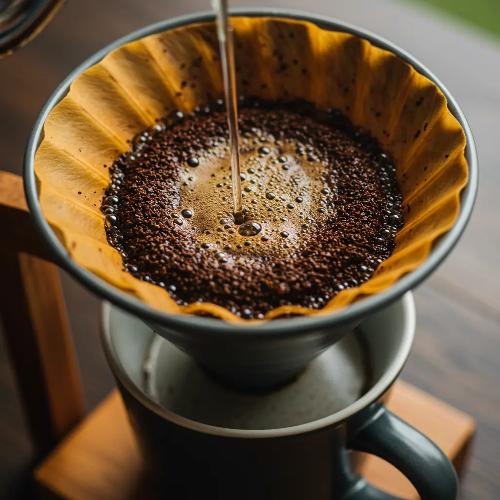A close-up of a pour-over or French press coffee bloom — visible bubbling on freshly ground coffee.
