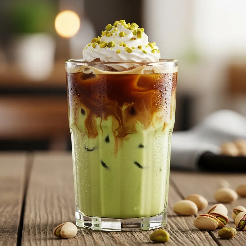 A tall glass filled with iced pistachio coffee, layered with green pistachio cream and espresso swirls.