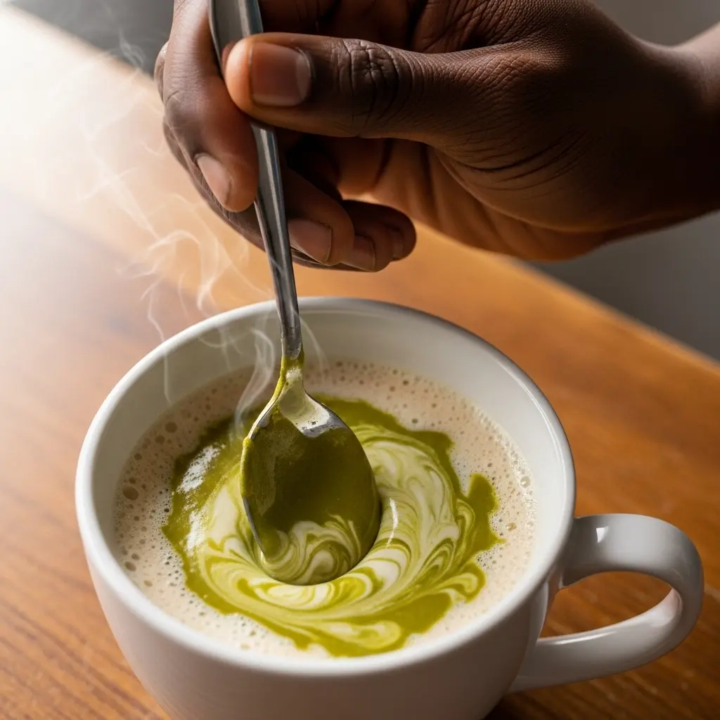 A photo of pistachio paste being stirred into warm milk for a visual guide.