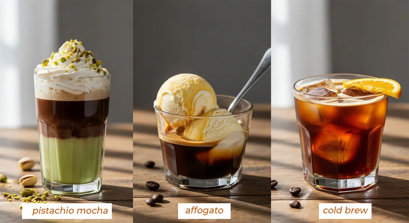 A side-by-side comparison of pistachio mocha, affogato, and cold brew versions for inspiration.