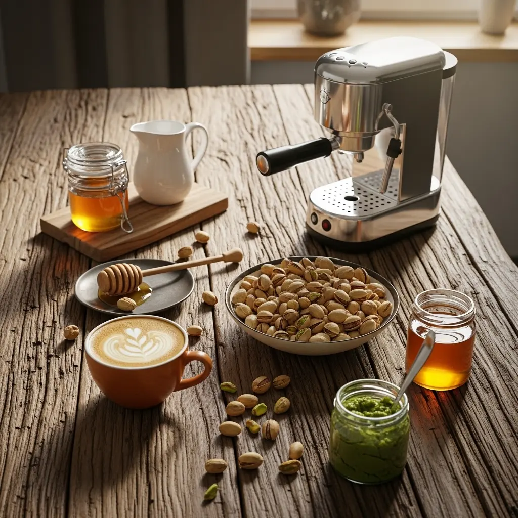 A rustic table with coffee, pistachios, and ingredients neatly arranged (milk, honey, pistachio paste, espresso machine).