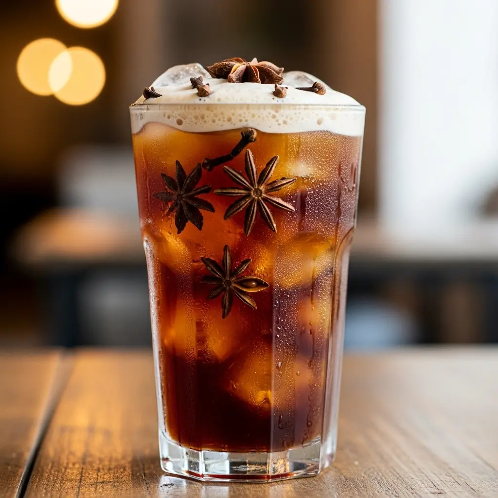 Chai-spiced cold brew A chai-spiced cold brew in a tall glass with ice cubes, star anise, and cloves.