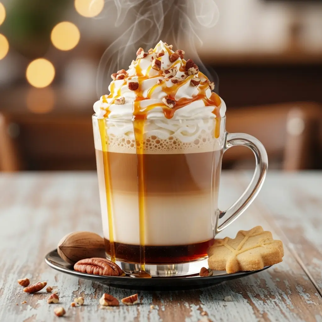 Maple Pecan Latte A maple pecan latte with whipped cream, drizzled with caramel and sprinkled with crushed pecans.