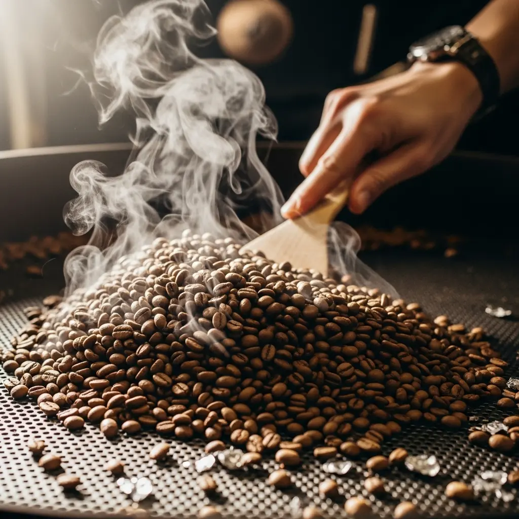 Freshly roasted coffee beans cooling Freshly roasted coffee beans cooling after small-batch roast, preserving peak freshness
