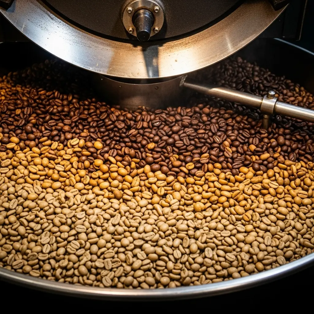 Coffee beans Roast Levels A set of three roast levels in a roasting drum showing light, medium, and dark coffee beans.