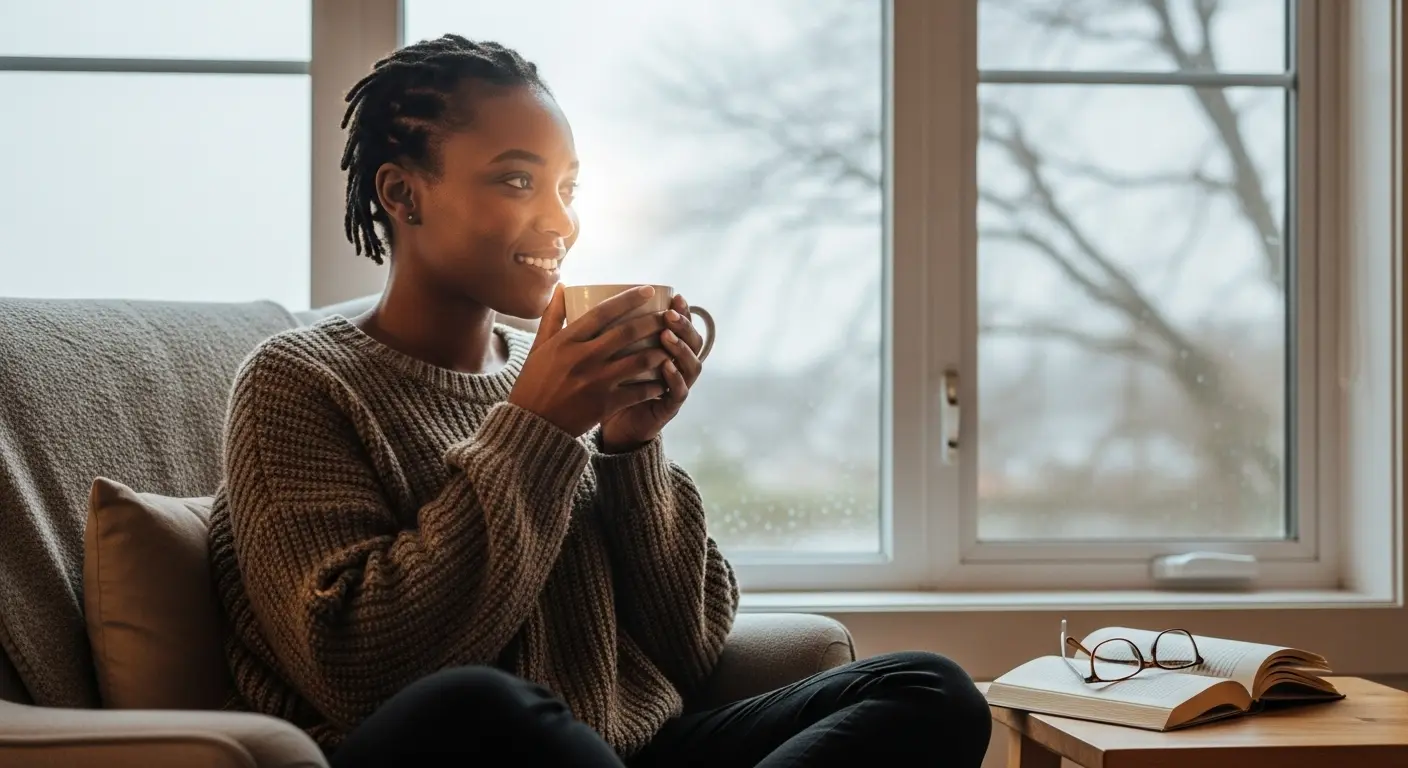 Winter Coffee Ritual A person warmly enjoying a cup of coffee by the window on a cold winter day.
