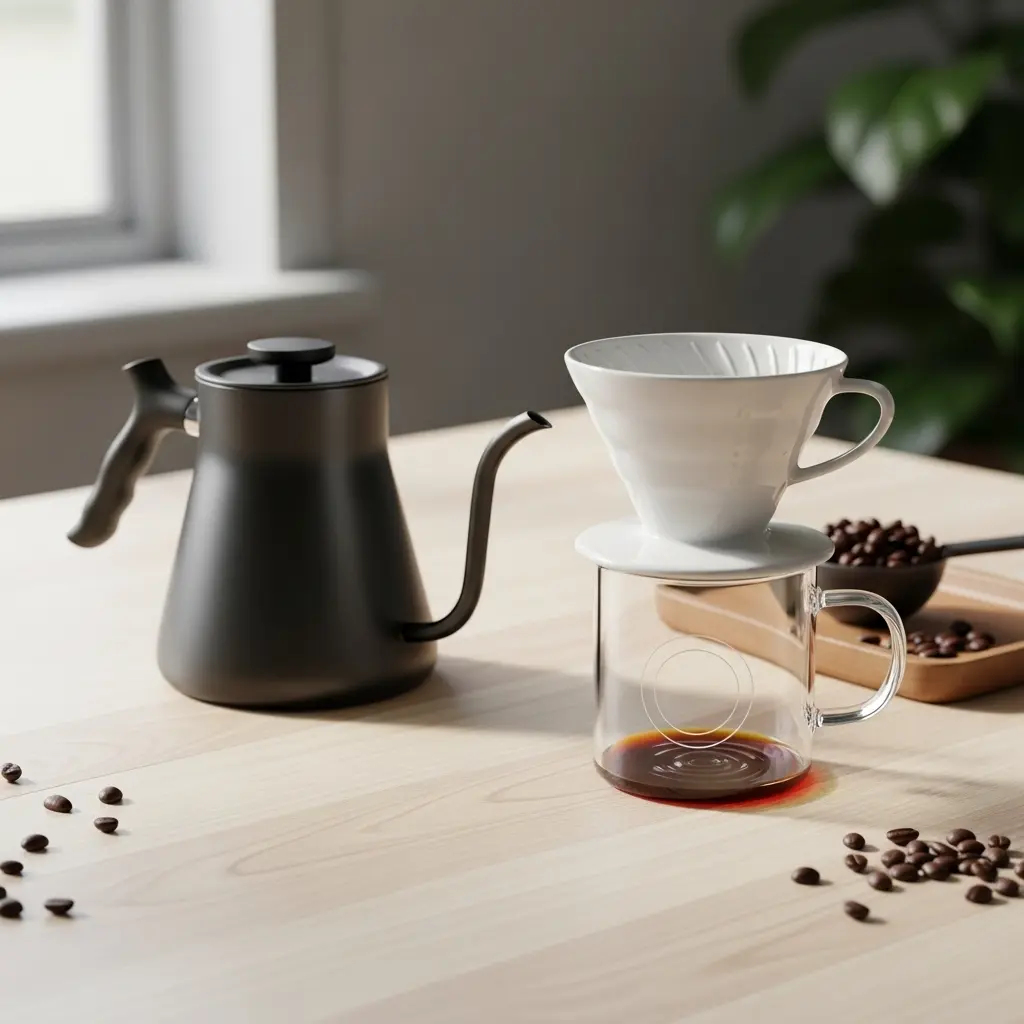 Pour-over coffee setup with a kettle, ceramic dripper, and mug on a wooden table, representing intentional coffee brewing at home.