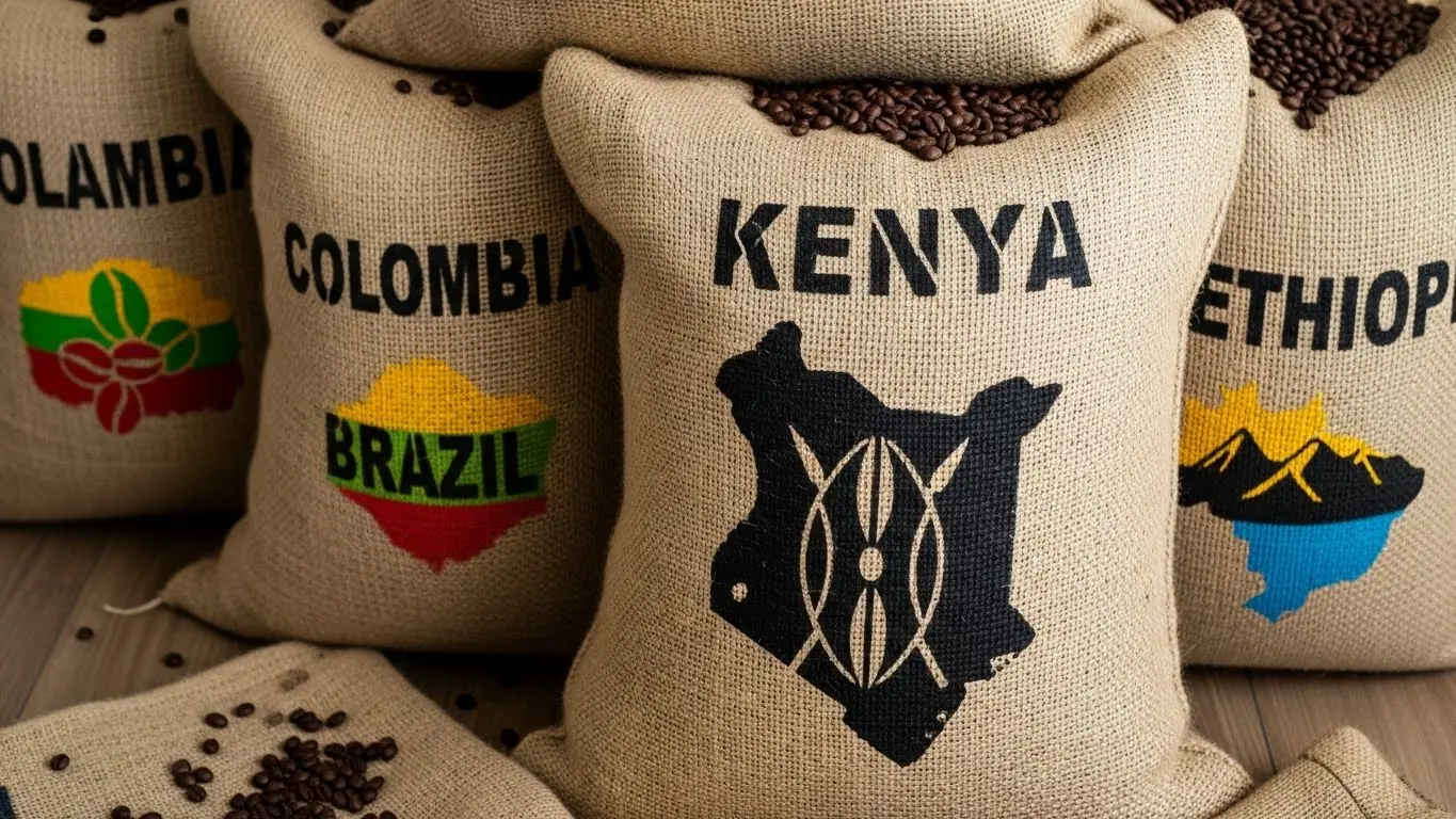 Coffee sacks labeled with origins such as Kenya, Brazil, Colombia, and Ethiopia, highlighting transparency and single origin specialty coffee sourcing.