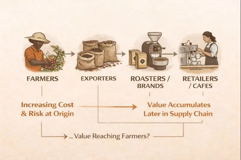 Coffee supply chain Diagram illustrating the coffee supply chain from farmers to exporters, roasters, and cafes, showing increasing cost and risk at origin while value accumulates later in the supply chain.