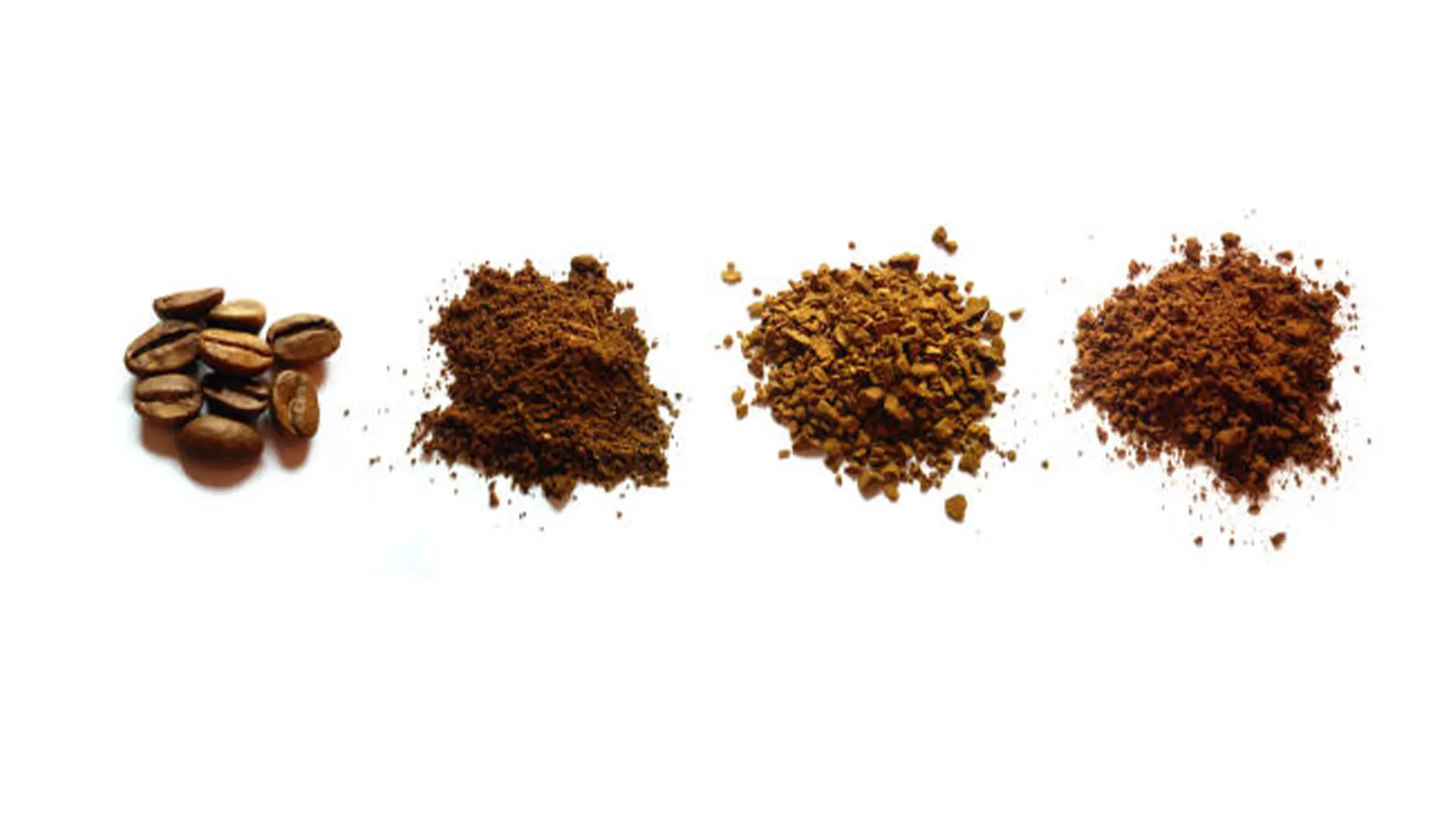 Different coffee grind sizes An image showing multiple coffee ground grind sizes from coarse to fine