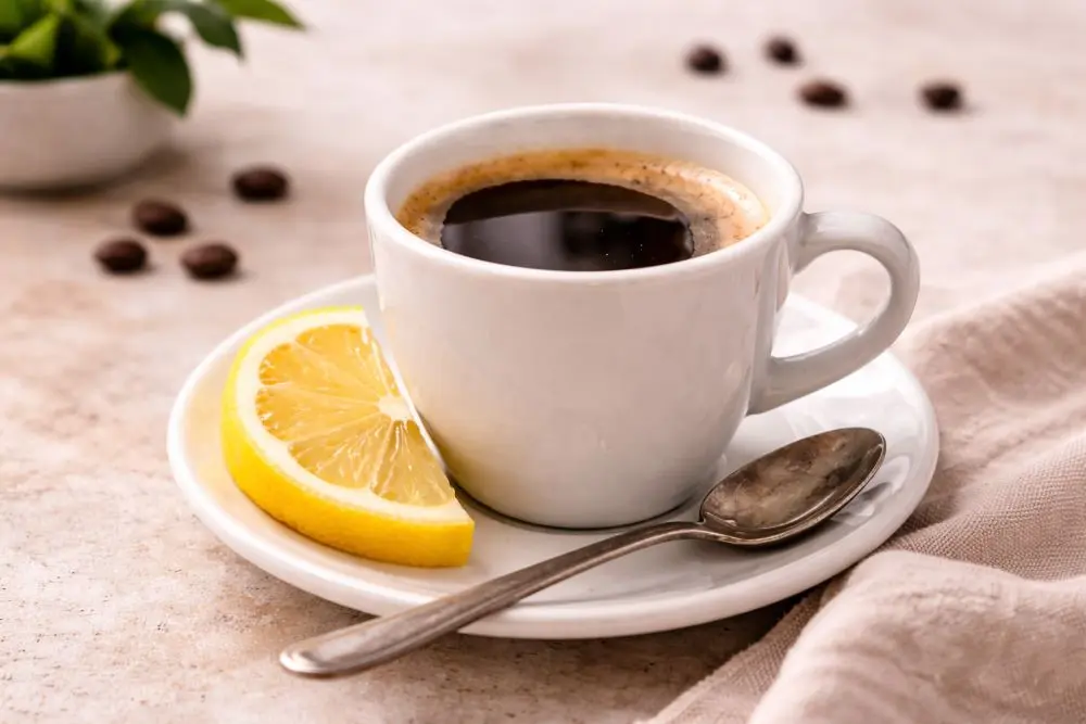 Lemon and coffee coffee with lemon peel in white cup on table