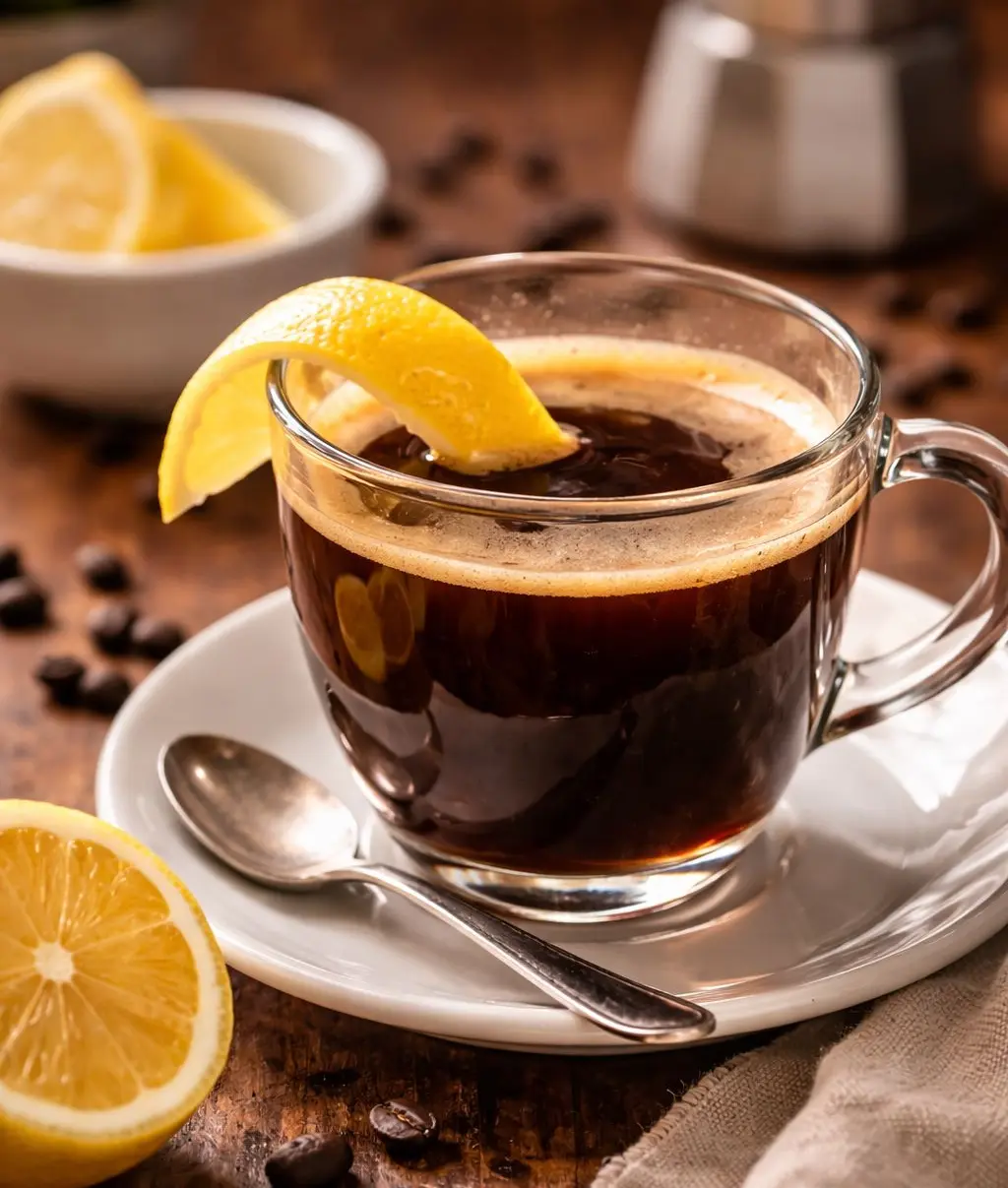Espresso Romano espresso with lemon peel on rim traditional style