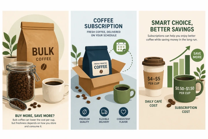 Bulk coffee vs subscription coffee comparison showing cost per cup, freshness, and convenience for home brewers