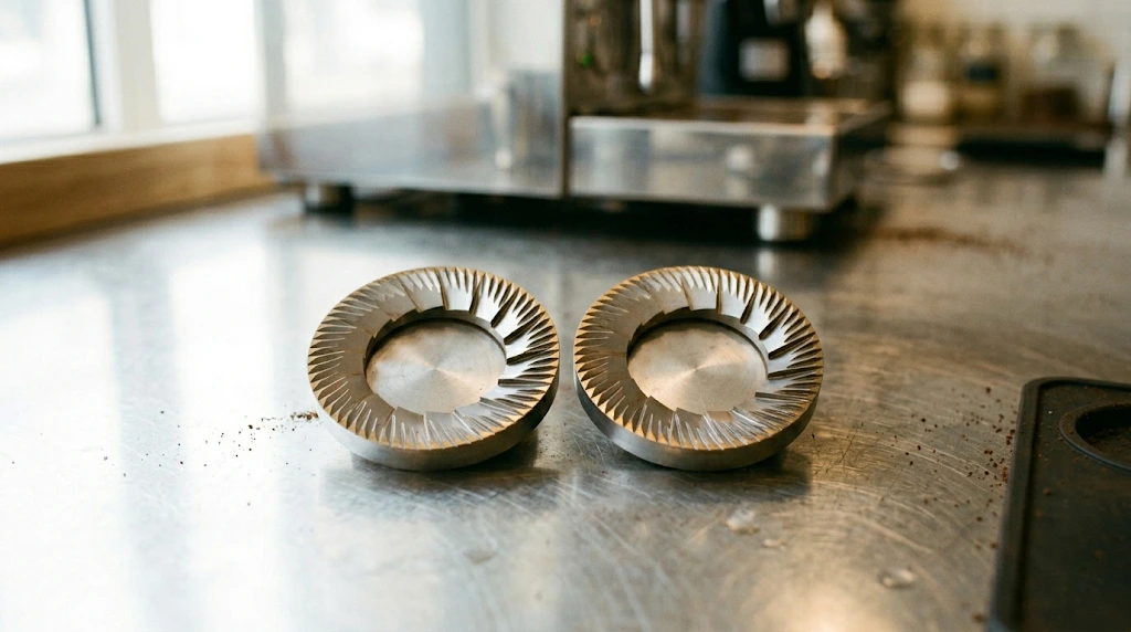 Flat burrs for uniform coffee grind distribution Two flat steel coffee grinder burrs shown side by side, illustrating the burr geometry that produces uniform grind distribution for specialty coffee.