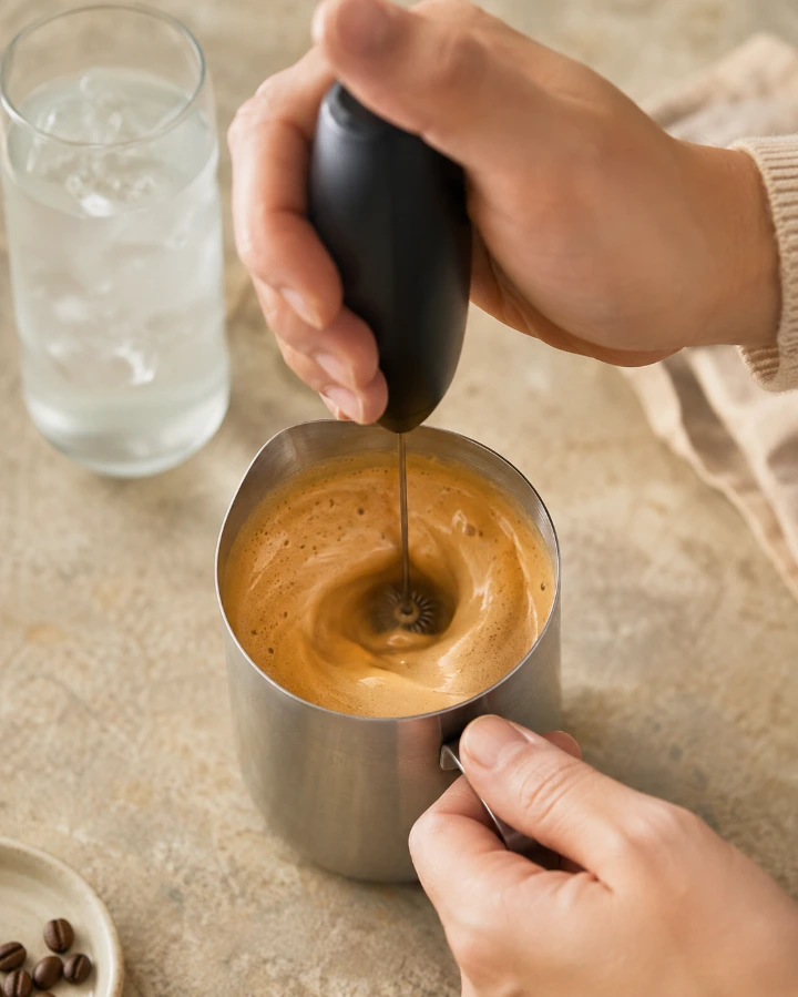 Frothing espresso and milk to create the foam for cloud coffee.