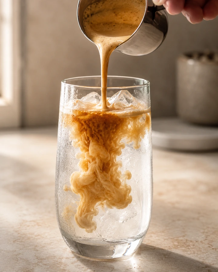 Pouring a creamy espresso cloud over iced coconut water