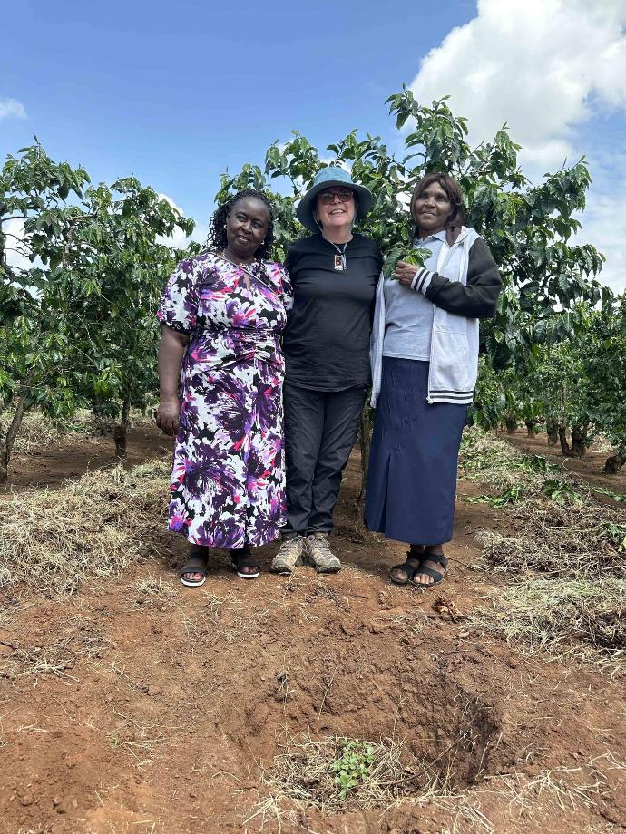 Alice Wagechi, Michelle Fish, and Margaret Nyambura pose for a picture after the farming journey interview